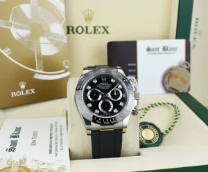 Racing Professional Watches | Sant Blanc ROLEX White Gold Daytona Black Diamond Dial Oysterflex Strap Model 116519LN