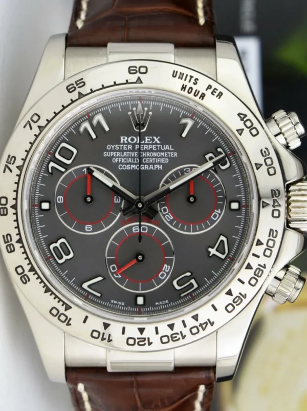 Men's Watches | Racing Professional Watches | Sant Blanc ROLEX White Gold Daytona Gray Slate Arabic Dial with Brown Crocodile Strap Model 116519